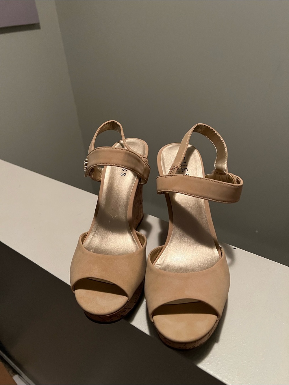 GUESS Nude Faux Suede & Cork Platform Wedge Sandals - Size 8